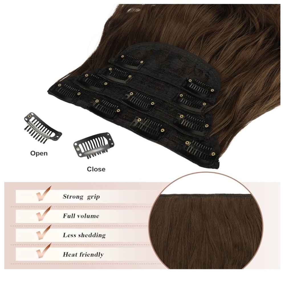 20” Clip in Hair Extensions - 4 PCS Long Wavy Thick Chestnut Brown - Picture 3 of 5